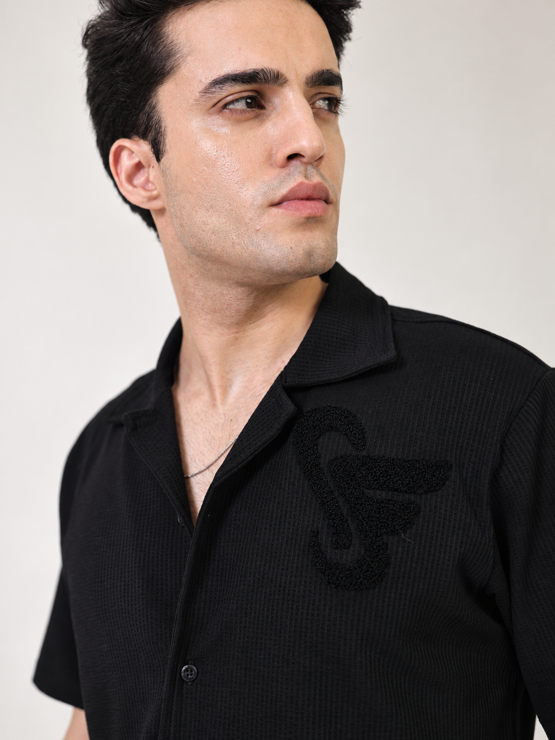 WAFFLE KNIT SHIRT - BLACK
