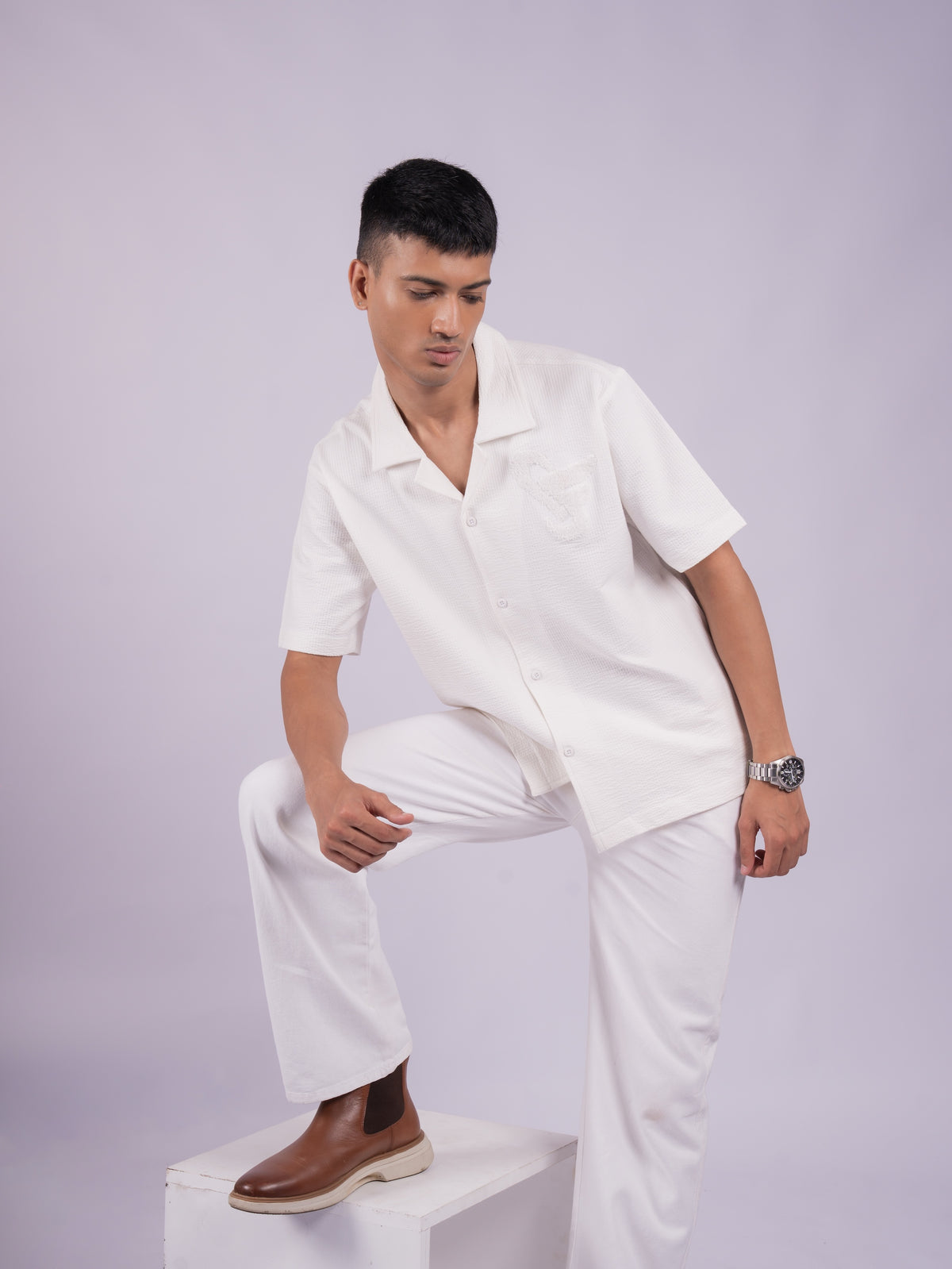 WAFFLE KNIT SHIRT - OFF WHITE