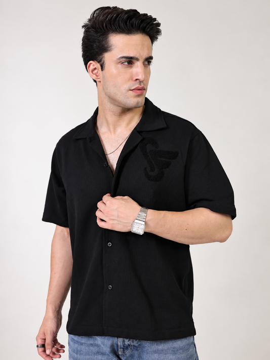 WAFFLE KNIT SHIRT - BLACK
