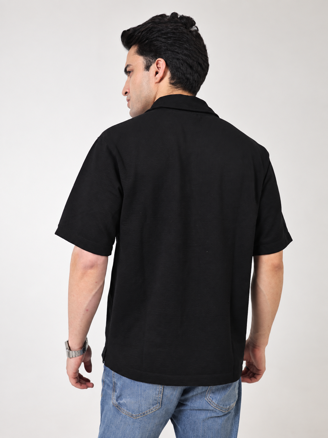 WAFFLE KNIT SHIRT - BLACK